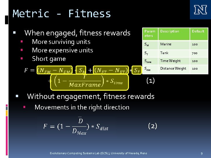 Metric - Fitness When engaged, fitness rewards More surviving units More expensive units Short