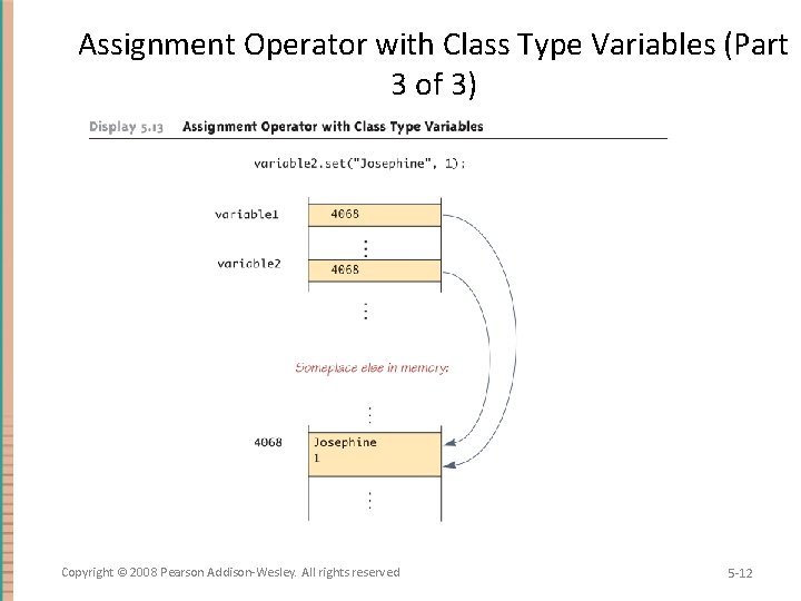 Assignment Operator with Class Type Variables (Part 3 of 3) Copyright © 2008 Pearson