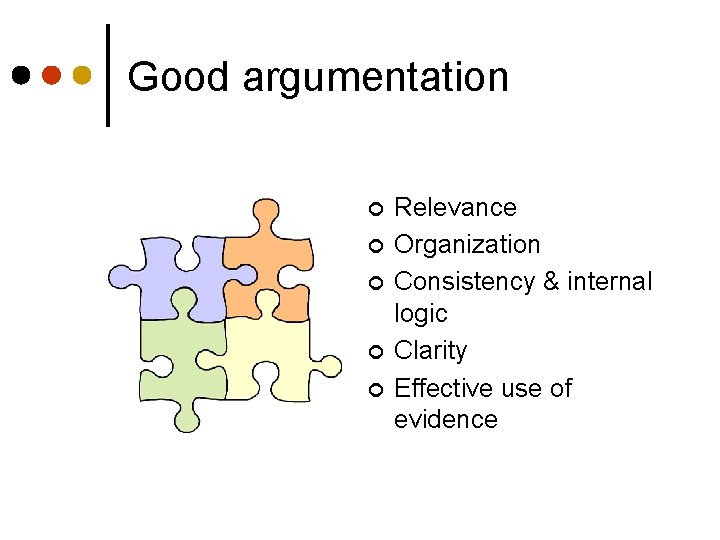 Good argumentation ¢ ¢ ¢ Relevance Organization Consistency & internal logic Clarity Effective use