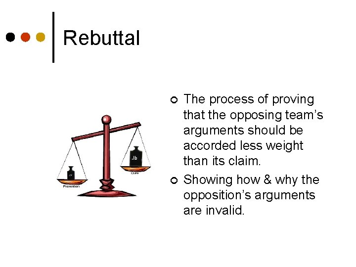 Rebuttal ¢ ¢ The process of proving that the opposing team’s arguments should be