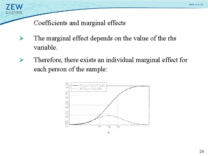 Coefficients and marginal effects Ø The marginal effect depends on the value of the