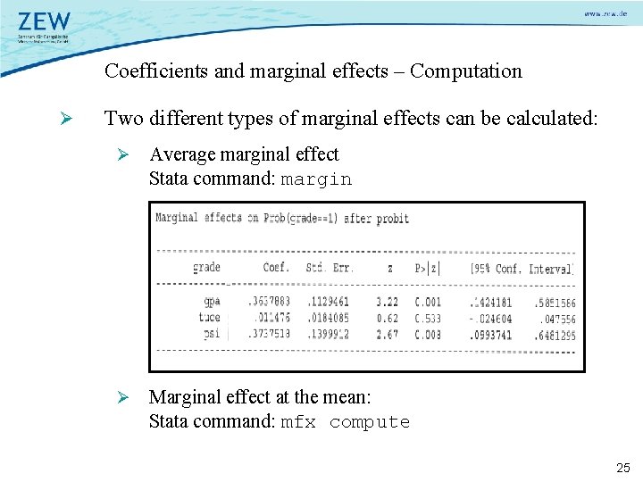 Coefficients and marginal effects – Computation Ø Two different types of marginal effects can