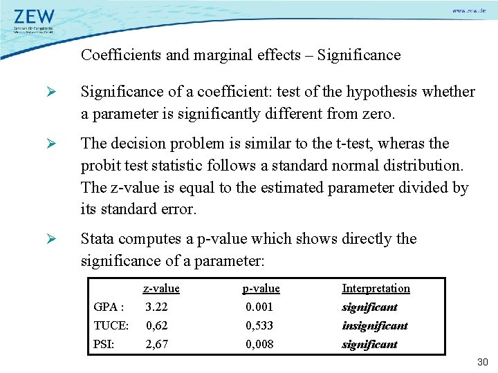 Coefficients and marginal effects – Significance Ø Significance of a coefficient: test of the
