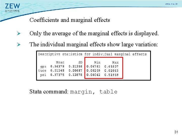 Coefficients and marginal effects Ø Only the average of the marginal effects is displayed.