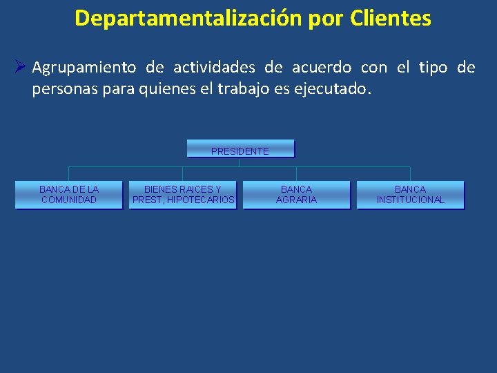 Departamentalización por Clientes Ø Agrupamiento de actividades de acuerdo con el tipo de personas