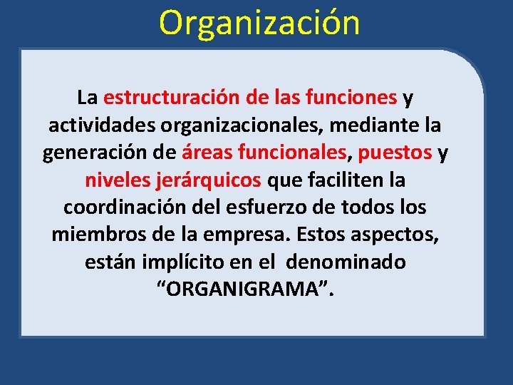 Organización La estructuración de las funciones y actividades organizacionales, mediante la generación de áreas