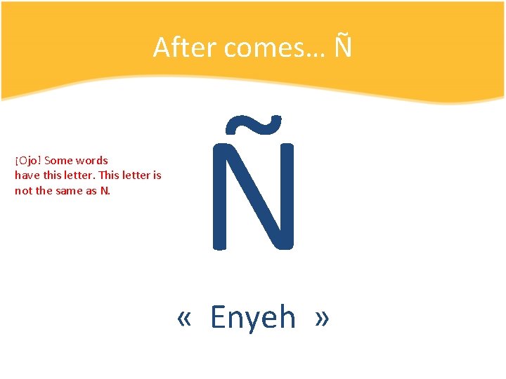 After comes… Ñ ¡Ojo! Some words have this letter. This letter is not the