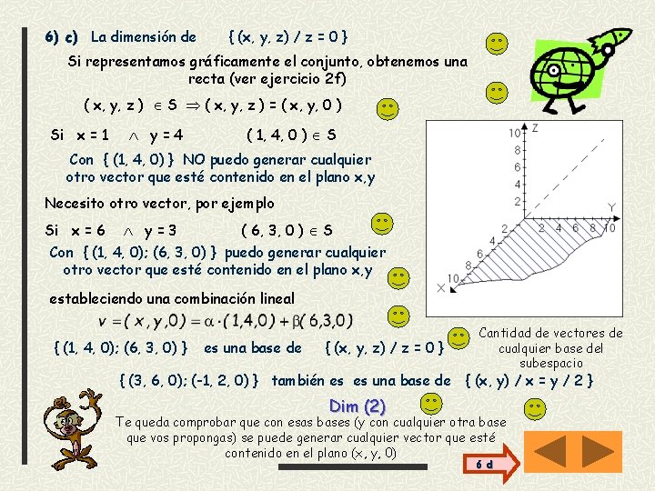 6) c) La dimensión de { (x, y, z) / z = 0 }