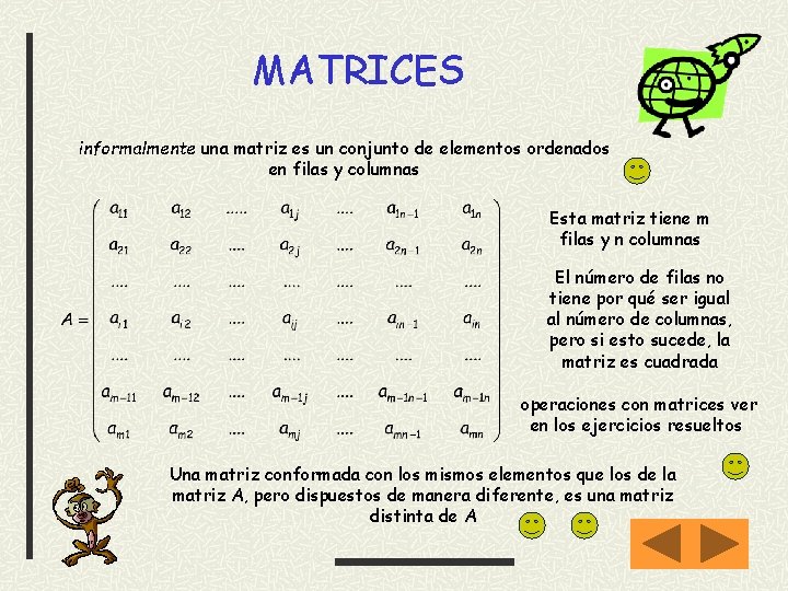 MATRICES informalmente una matriz es un conjunto de elementos ordenados en filas y columnas