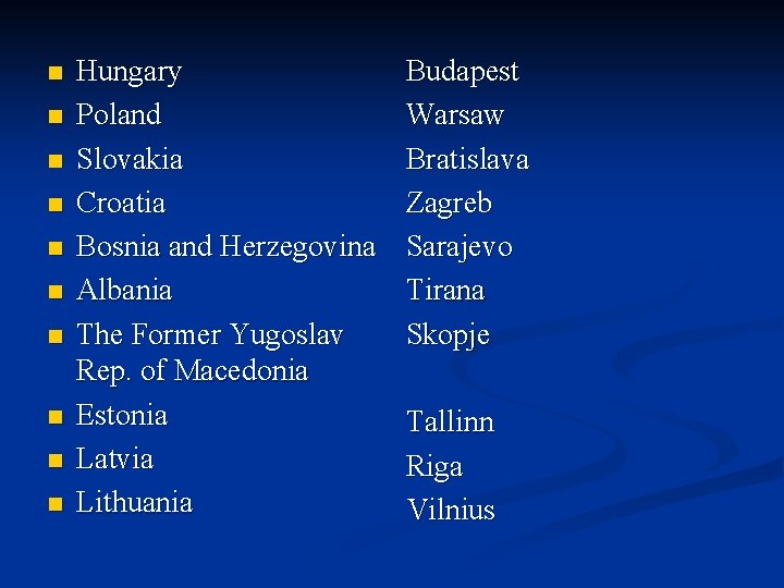 n n n n n Hungary Poland Slovakia Croatia Bosnia and Herzegovina Albania The