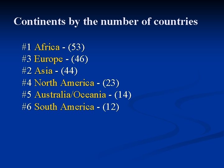 Continents by the number of countries #1 Africa - (53) #3 Europe - (46)