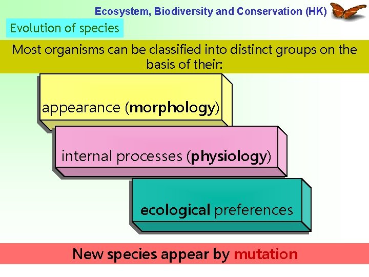 Ecosystem, Biodiversity and Conservation (HK) Evolution of species Most organisms can be classified into