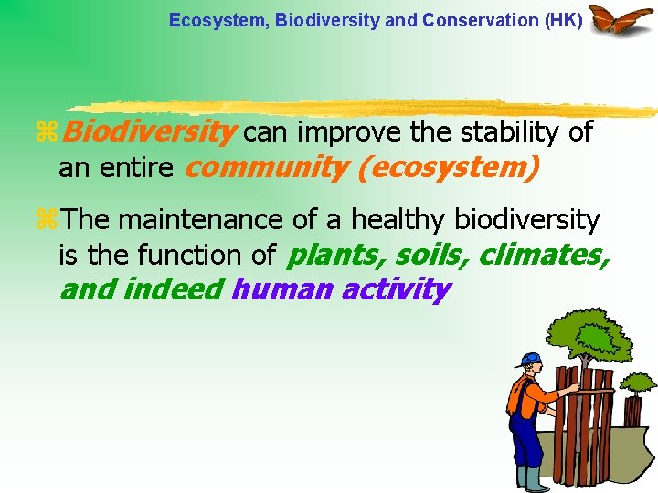 Ecosystem, Biodiversity and Conservation (HK) z. Biodiversity can improve the stability of an entire