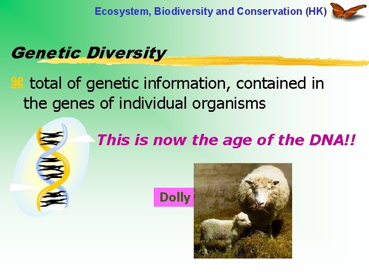 Ecosystem, Biodiversity and Conservation (HK) Genetic Diversity z total of genetic information, contained in