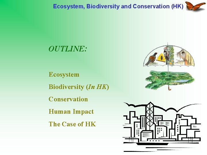 Ecosystem, Biodiversity and Conservation (HK) OUTLINE: Ecosystem Biodiversity (In HK) Conservation Human Impact The