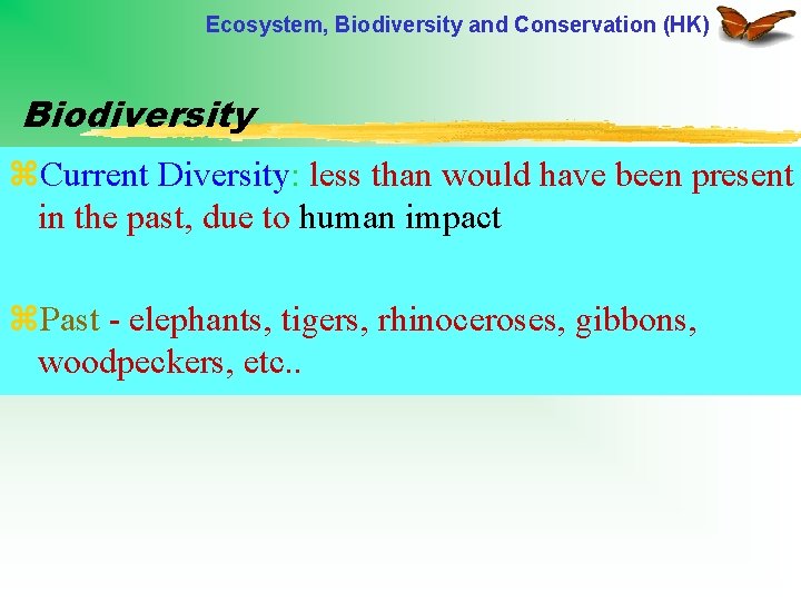 Ecosystem, Biodiversity and Conservation (HK) Biodiversity z. Current Diversity: less than would have been