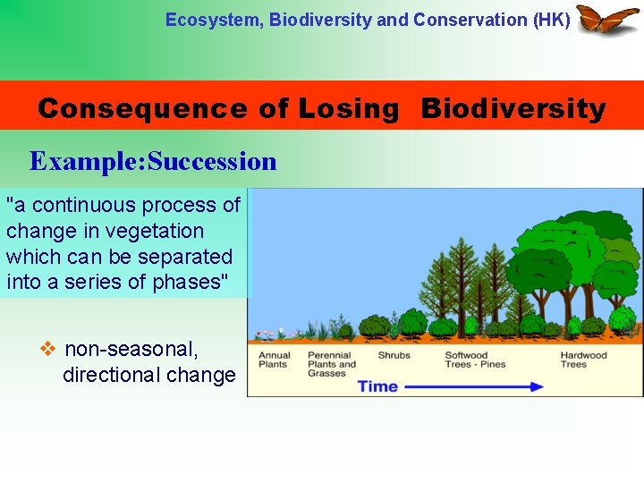 Ecosystem, Biodiversity and Conservation (HK) Consequence of Losing Biodiversity Example: Succession "a continuous process