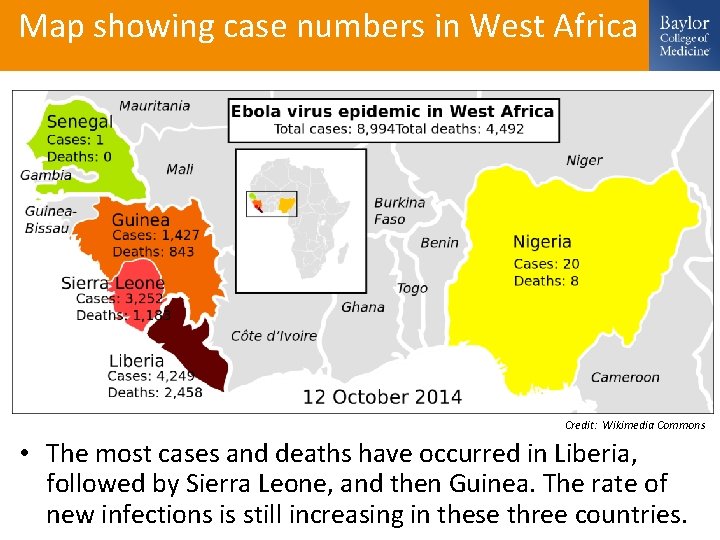 Map showing case numbers in West Africa Credit: Wikimedia Commons • The most cases