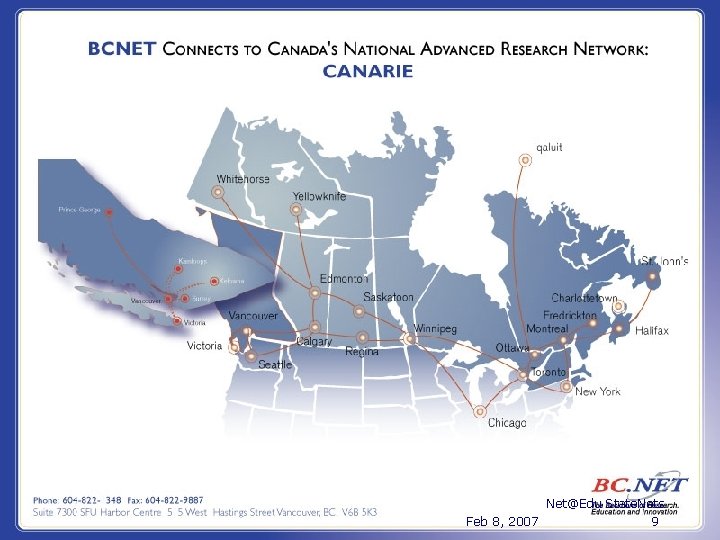 Connecting BC to CA*net 4 Net@Edu State. Nets Feb 8, 2007 9 