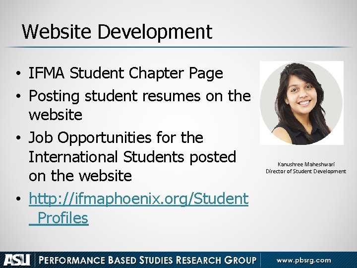 Website Development • IFMA Student Chapter Page • Posting student resumes on the website