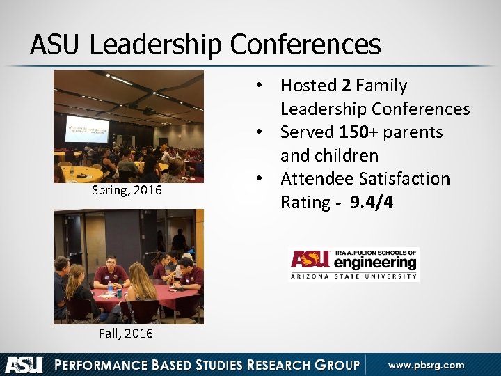 ASU Leadership Conferences Spring, 2016 Fall, 2016 • Hosted 2 Family Leadership Conferences •