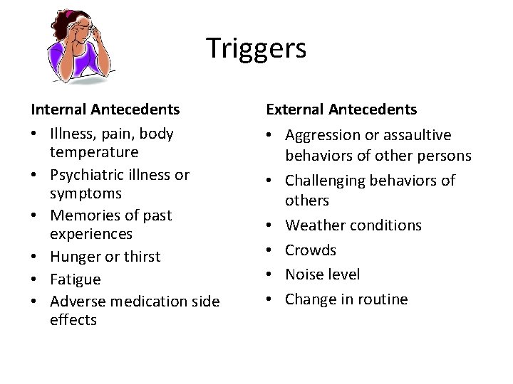 Triggers Internal Antecedents • Illness, pain, body temperature • Psychiatric illness or symptoms •