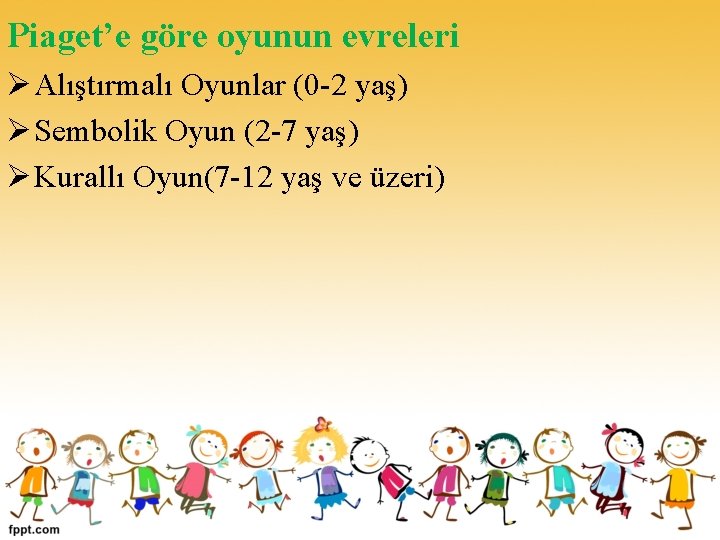 Piaget’e göre oyunun evreleri Ø Alıştırmalı Oyunlar (0 -2 yaş) Ø Sembolik Oyun (2