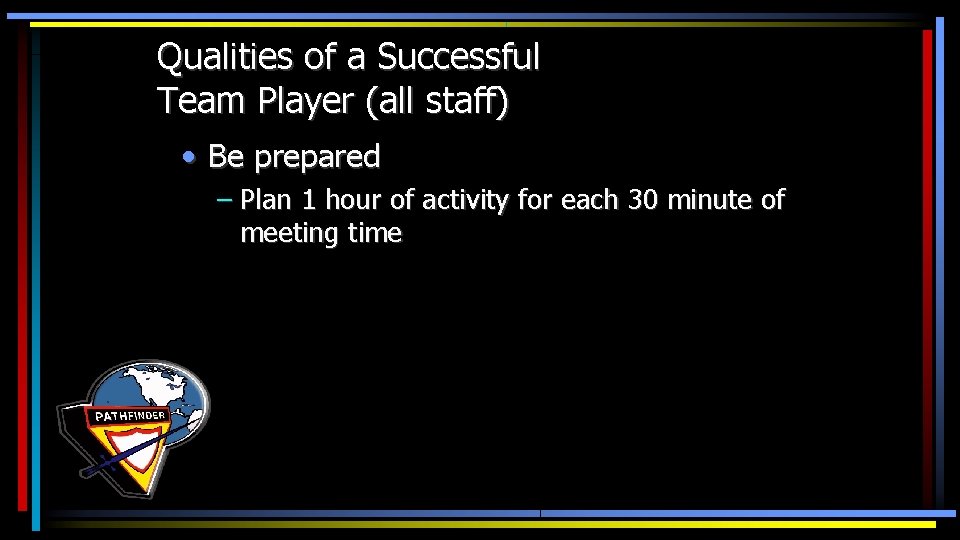 Qualities of a Successful Team Player (all staff) • Be prepared – Plan 1