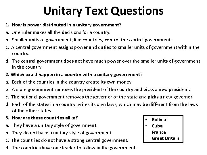 Unitary Text Questions 1. a. b. c. How is power distributed in a unitary