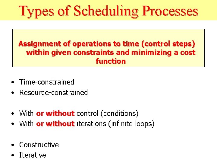 Types of Scheduling Processes Assignment of operations to time (control steps) within given constraints