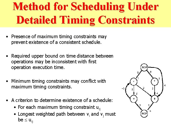 Method for Scheduling Under Detailed Timing Constraints • Presence of maximum timing constraints may