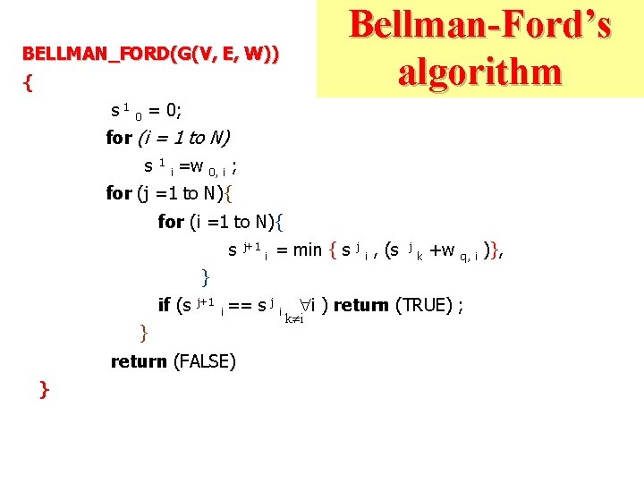 Bellman-Ford’s algorithm BELLMAN_FORD(G(V, E, W)) { s 1 0 = 0; for (i =