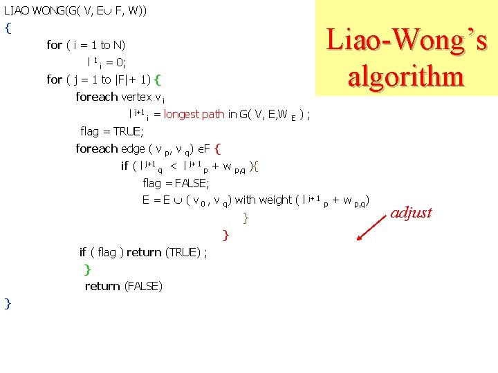 LIAO WONG(G( V, E F, W)) { Liao-Wong’s algorithm for ( i = 1