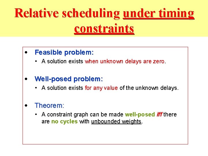 Relative scheduling under timing constraints • Feasible problem: • A solution exists when unknown