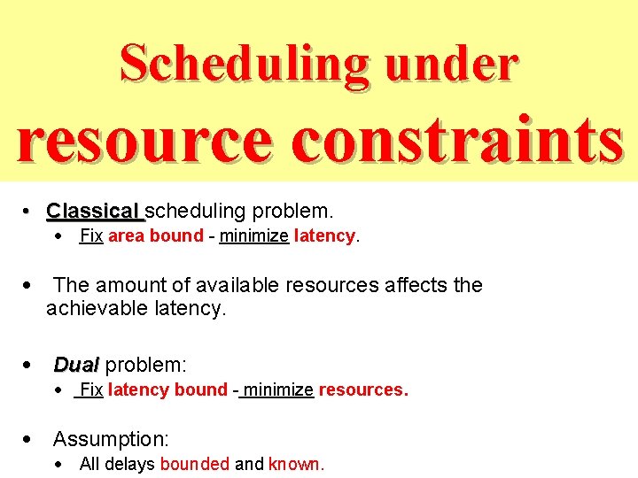 Scheduling under resource constraints • Classical scheduling problem. • Fix area bound - minimize