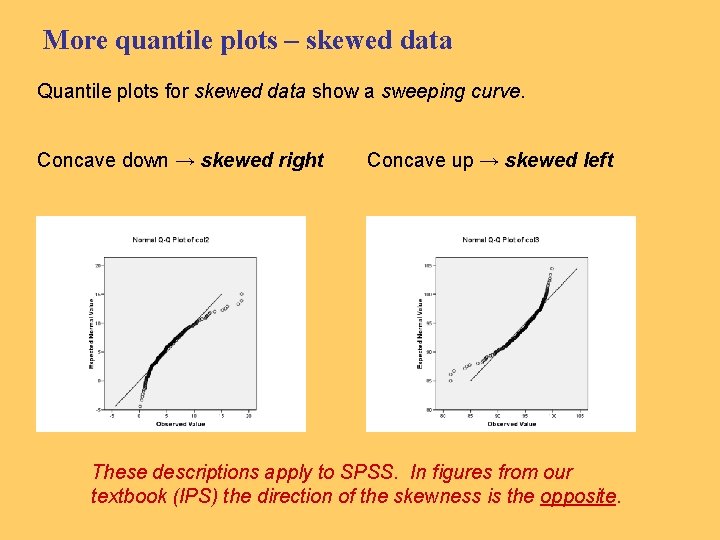 More quantile plots – skewed data Quantile plots for skewed data show a sweeping