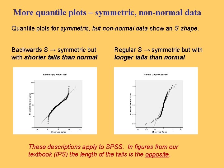 More quantile plots – symmetric, non-normal data Quantile plots for symmetric, but non-normal data