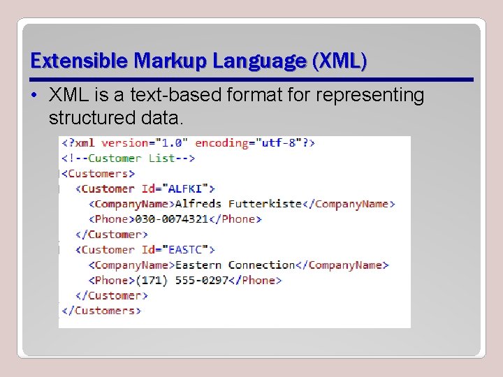Extensible Markup Language (XML) • XML is a text-based format for representing structured data.