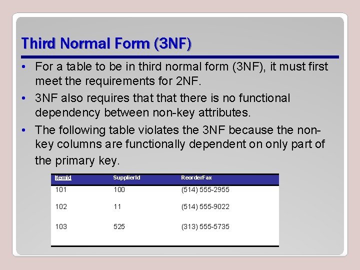 Third Normal Form (3 NF) • For a table to be in third normal