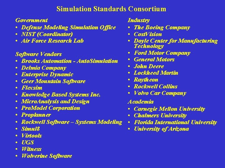 Simulation Standards Consortium Government • Defense Modeling Simulation Office • NIST (Coordinator) • Air