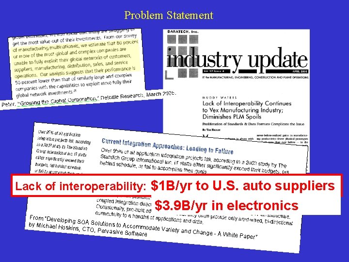 Problem Statement Lack of interoperability: $1 B/yr to U. S. auto suppliers $3. 9