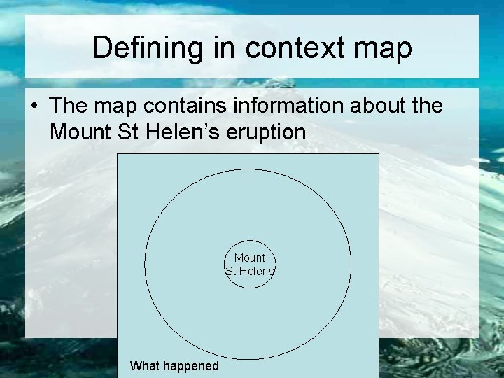 Defining in context map • The map contains information about the Mount St Helen’s