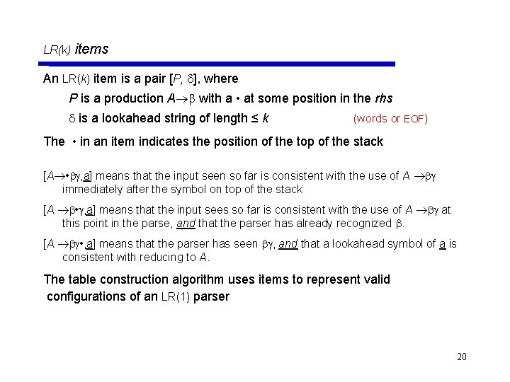 LR(k) items An LR(k) item is a pair [P, ], where P is a