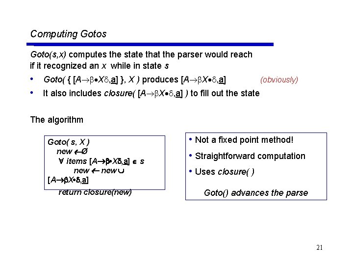 Computing Gotos Goto(s, x) computes the state that the parser would reach if it