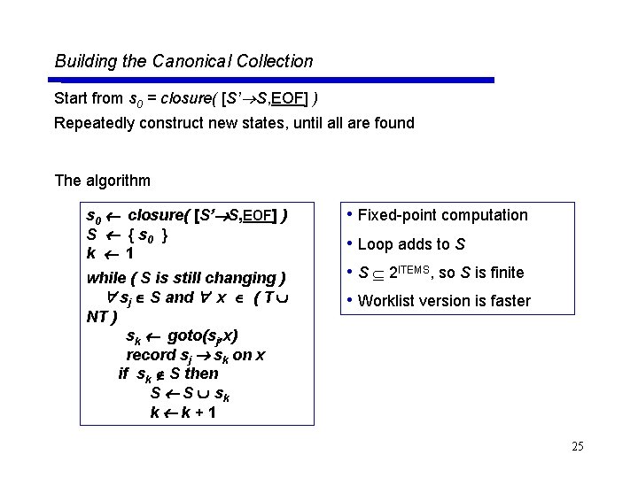 Building the Canonical Collection Start from s 0 = closure( [S’ S, EOF] )