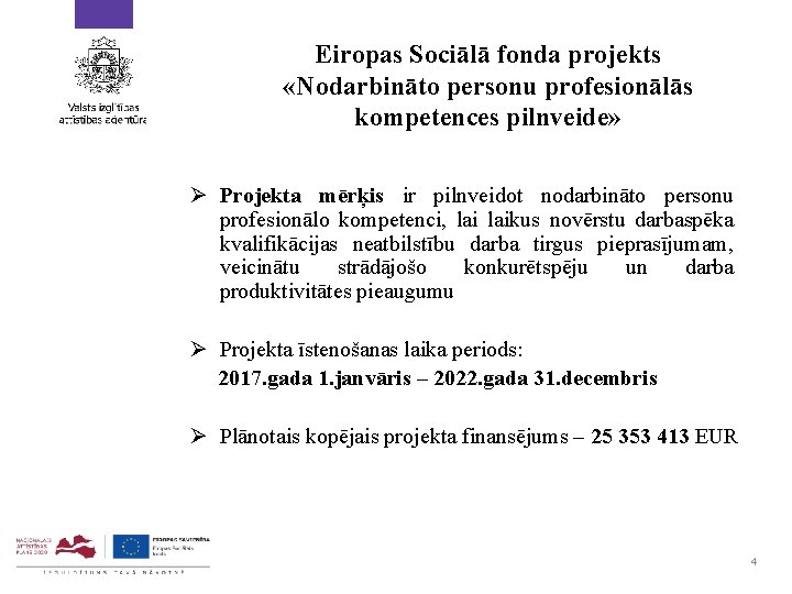 Eiropas Sociālā fonda projekts «Nodarbināto personu profesionālās kompetences pilnveide» Ø Projekta mērķis ir pilnveidot