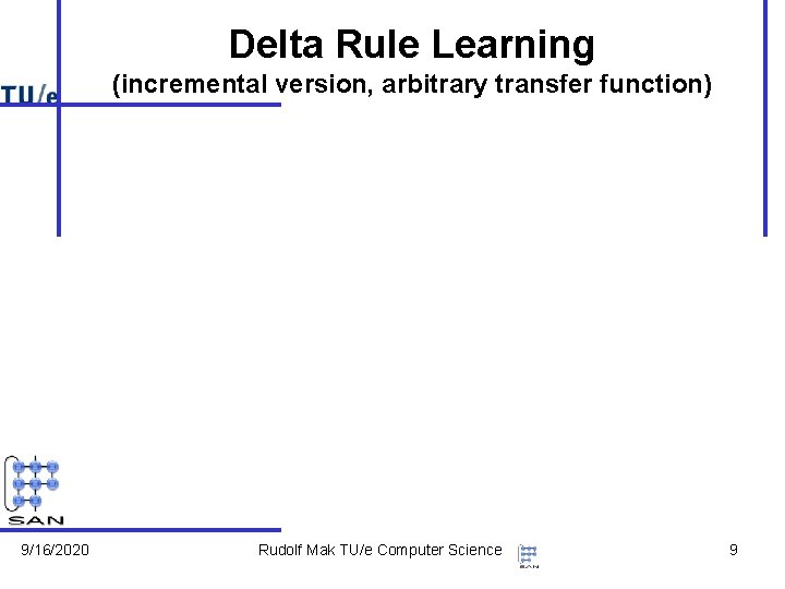 Delta Rule Learning (incremental version, arbitrary transfer function) 9/16/2020 Rudolf Mak TU/e Computer Science