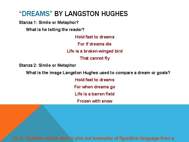 “DREAMS” BY LANGSTON HUGHES Stanza 1: Simile or Metaphor? What is he telling the