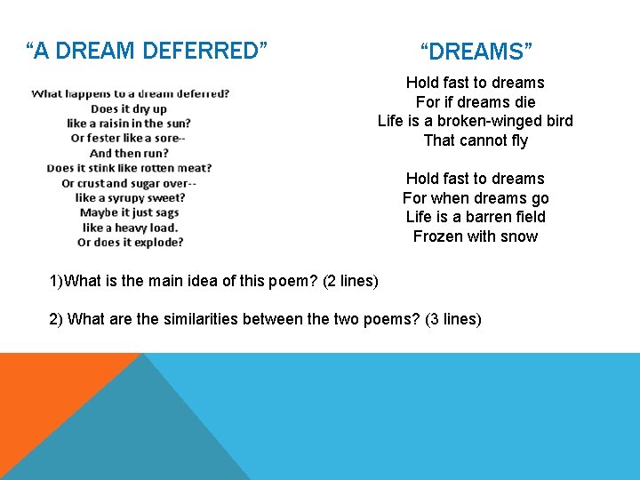 “A DREAM DEFERRED” “DREAMS” Hold fast to dreams For if dreams die Life is