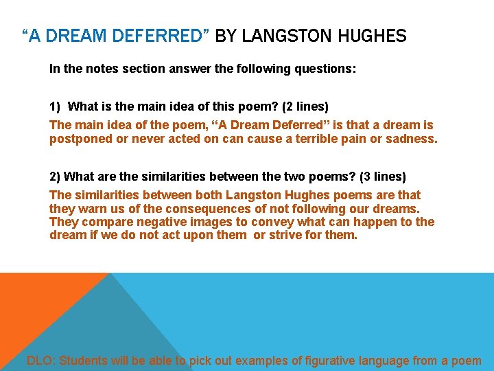 “A DREAM DEFERRED” BY LANGSTON HUGHES In the notes section answer the following questions: